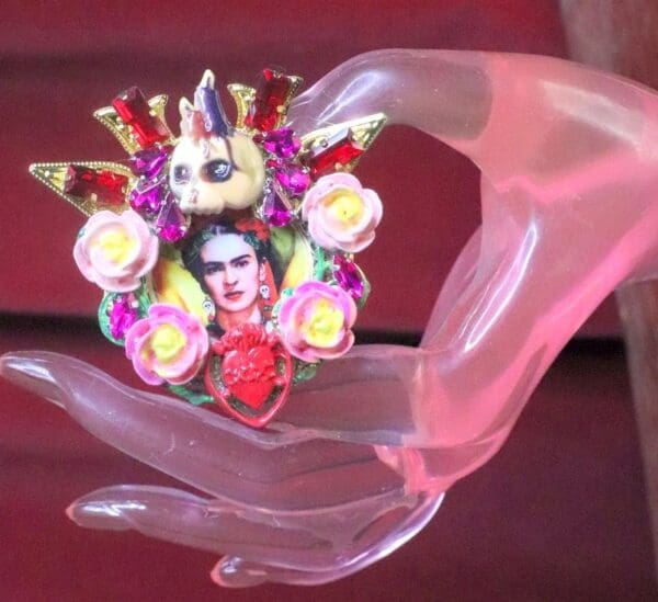 SOLD! 7397 Frida Kahlo Scull Roses Sacred Heart Cocktail Adjustable Ring