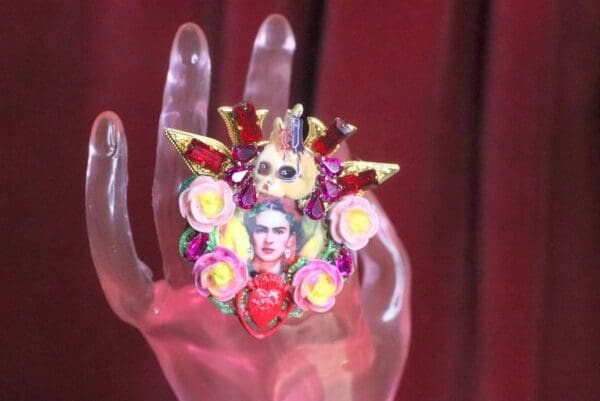 SOLD! 7397 Frida Kahlo Scull Roses Sacred Heart Cocktail Adjustable Ring - Image 5