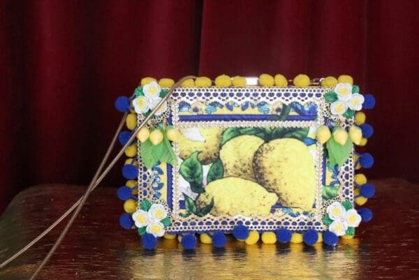SOLD! 7412 Total Baroque Lemon Print Pon-pom Purse Handbag Clutch - Image 2
