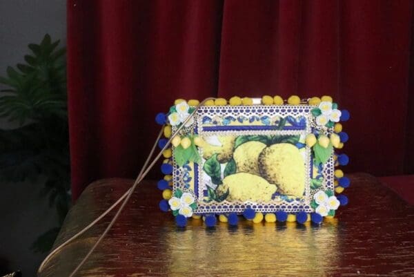 SOLD! 7412 Total Baroque Lemon Print Pon-pom Purse Handbag Clutch - Image 3
