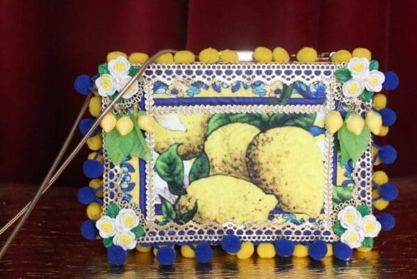 SOLD! 7412 Total Baroque Lemon Print Pon-pom Purse Handbag Clutch