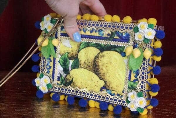 SOLD! 7412 Total Baroque Lemon Print Pon-pom Purse Handbag Clutch - Image 4