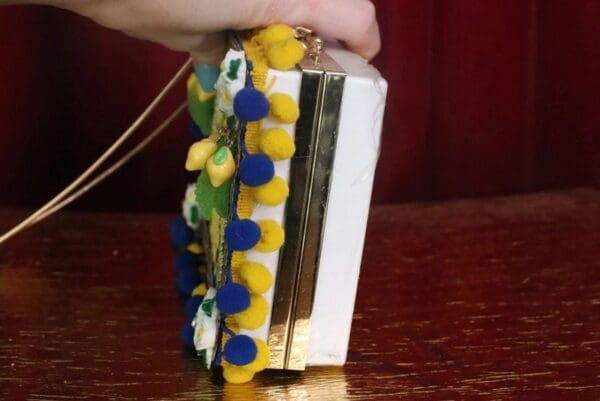 SOLD! 7412 Total Baroque Lemon Print Pon-pom Purse Handbag Clutch - Image 5