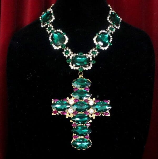 SOLD! 7414 Baroque Green/Fuchsia Rhinestones Massive Cross Pendant - Image 2