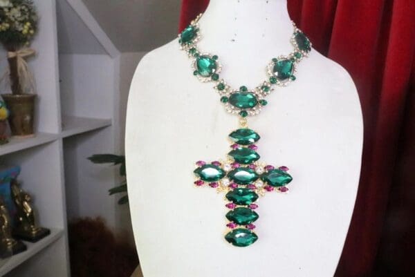 SOLD! 7414 Baroque Green/Fuchsia Rhinestones Massive Cross Pendant - Image 3