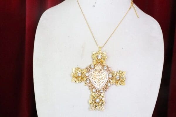 SOLD! 7415 Baroque Sacred Heart Gold Filigree Massive Cross Pendant - Image 2