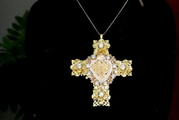 SOLD! 7415 Baroque Sacred Heart Gold Filigree Massive Cross Pendant