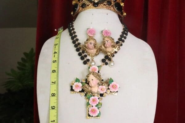 SOLD! 7417 Baroque Vivid Chubby Cherub Roses Black Rhinestone Cross Pendant - Image 5