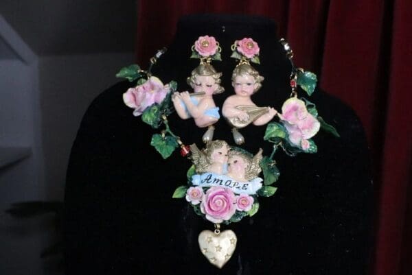 SOLD! 7435 Baroque Cherubs Amore Banner Roses Hand Painted Necklace - Image 2