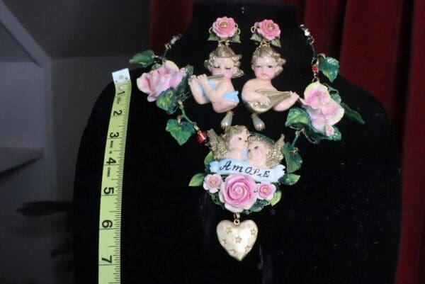 SOLD! 7435 Baroque Cherubs Amore Banner Roses Hand Painted Necklace - Image 8