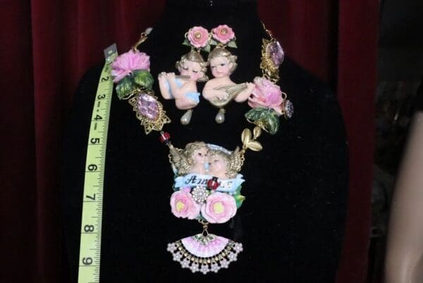 SOLD! 7436 Baroque Cherubs Amore Banner Roses Fan Hand Painted Necklace - Image 3