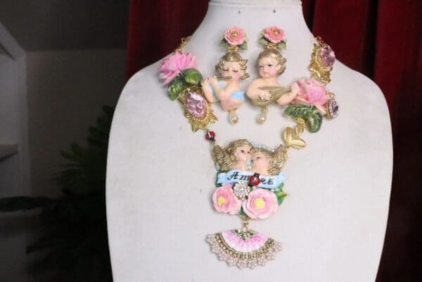 SOLD! 7436 Baroque Cherubs Amore Banner Roses Fan Hand Painted Necklace