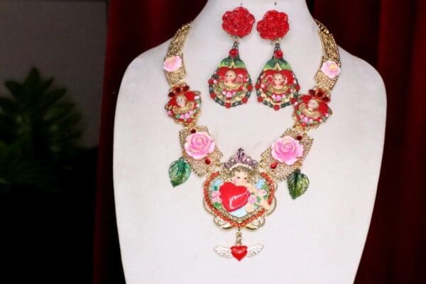 SOLD! 7438 Baroque Cherubs Red Roses Hearts Hand Painted Necklace - Image 2
