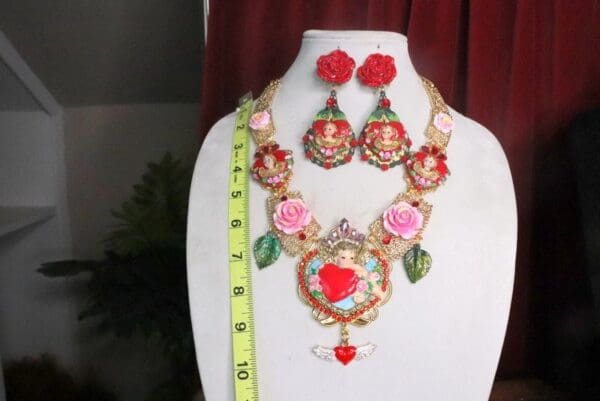 SOLD! 7438 Baroque Cherubs Red Roses Hearts Hand Painted Necklace - Image 9