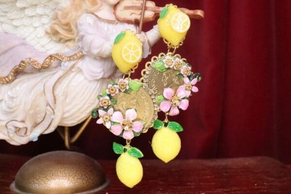 SOLD! 7439 Baroque Runway Lemon Flower Blossom Roman Coin Studs Earrings - Image 5