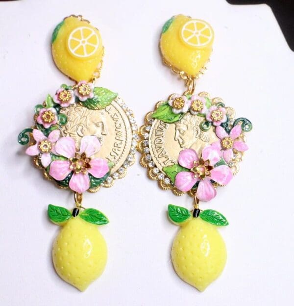SOLD! 7439 Baroque Runway Lemon Flower Blossom Roman Coin Studs Earrings - Image 7