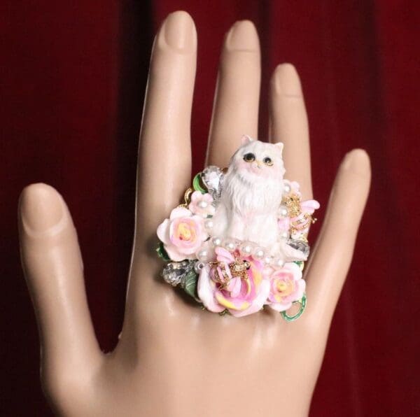 SOLD! 7441 Baroque Art Jewelry Kitty Cat Pink Bee Cocktail Adjustable Ring - Image 3