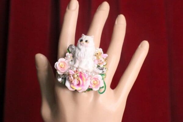 SOLD! 7441 Baroque Art Jewelry Kitty Cat Pink Bee Cocktail Adjustable Ring - Image 4