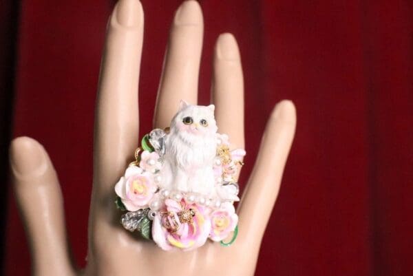 SOLD! 7441 Baroque Art Jewelry Kitty Cat Pink Bee Cocktail Adjustable Ring - Image 5