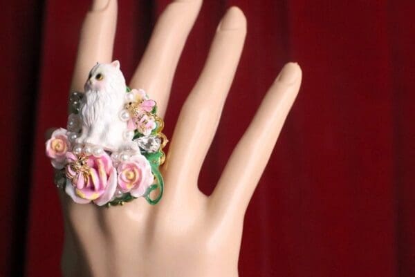 SOLD! 7441 Baroque Art Jewelry Kitty Cat Pink Bee Cocktail Adjustable Ring - Image 6