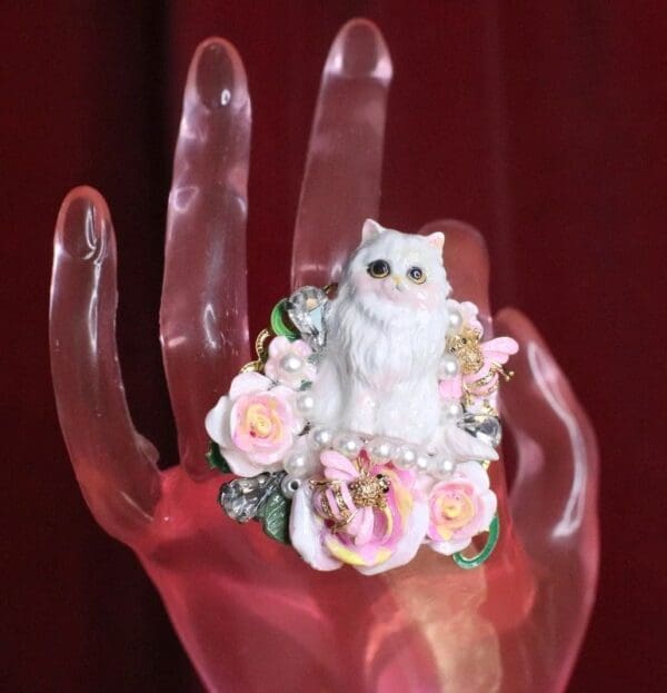 SOLD! 7441 Baroque Art Jewelry Kitty Cat Pink Bee Cocktail Adjustable Ring - Image 7