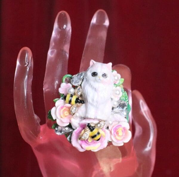 SOLD! 7442 Baroque Art Jewelry Kitty Cat Yellow Bee Cocktail Adjustable Ring - Image 6