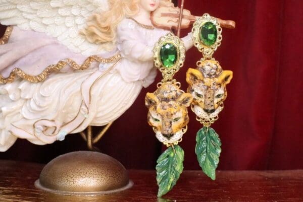 SOLD! 7445 Baroque Hand Painted Vivid Leopard Animal Leaf Earrings - Image 6