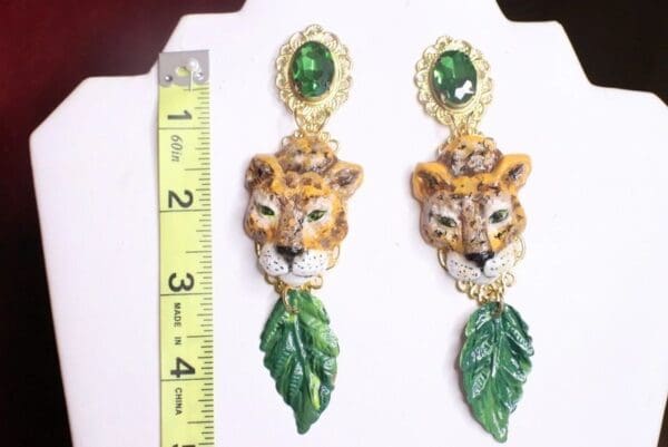 SOLD! 7445 Baroque Hand Painted Vivid Leopard Animal Leaf Earrings - Image 7