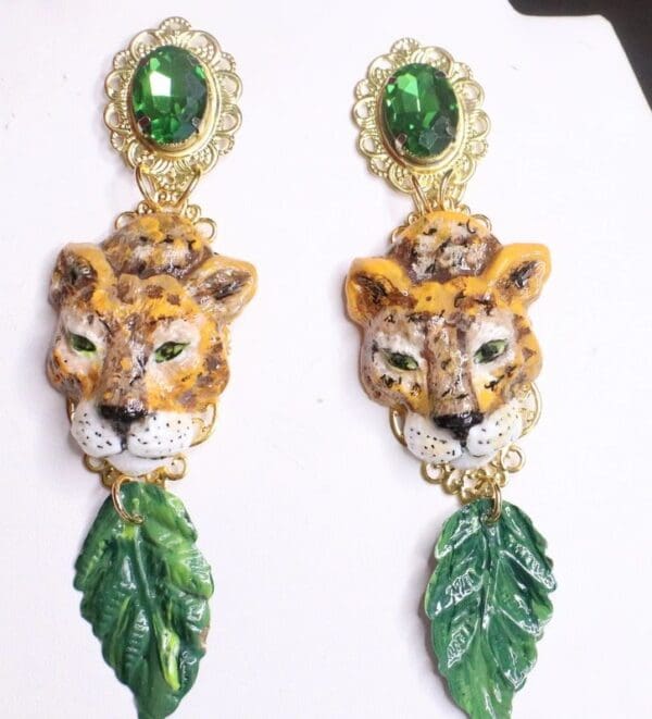 SOLD! 7445 Baroque Hand Painted Vivid Leopard Animal Leaf Earrings - Image 8