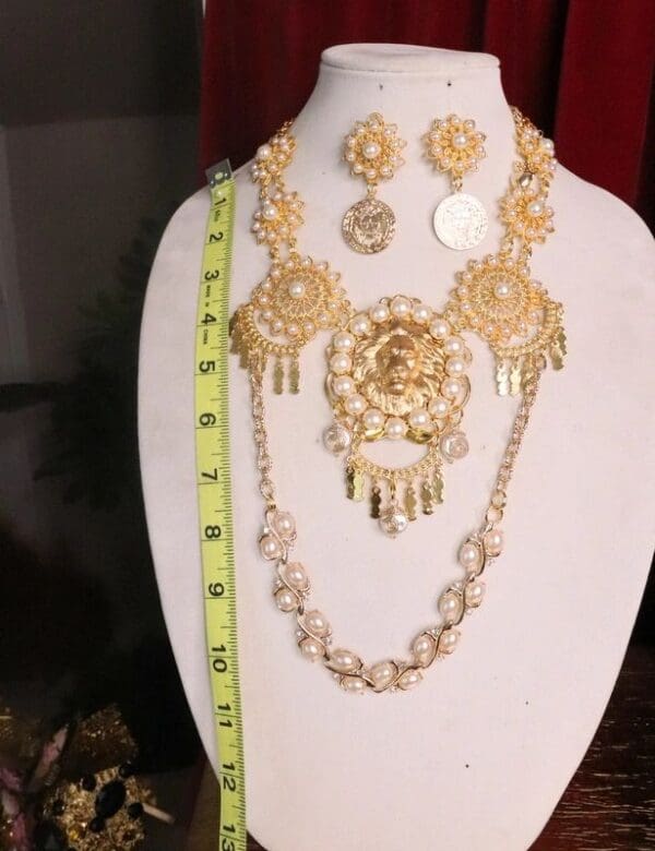 SOLD! 7467 Set Of Byzantine Gold Tone Pearl Lion Massive Necklace+ Earrings - Image 3