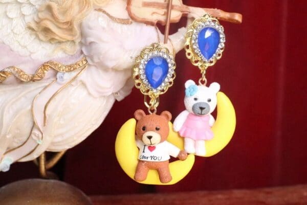SOLD! 7472 Art Jewelry Adorable Teddy Bear On A Moon Irregular Studs Earrings - Image 2