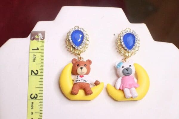 SOLD! 7472 Art Jewelry Adorable Teddy Bear On A Moon Irregular Studs Earrings - Image 6