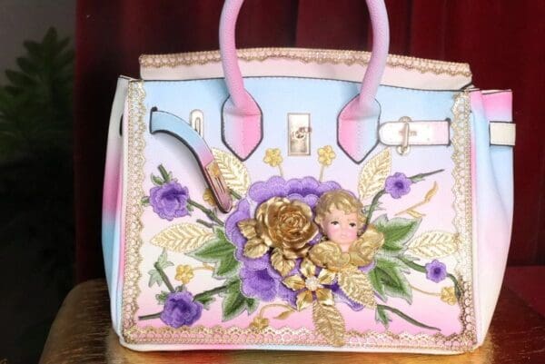 SOLD! 7473 Baroque Designer Kelly Rainbow Cherub Embroidery PU Handbag