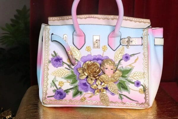 SOLD! 7473 Baroque Designer Kelly Rainbow Cherub Embroidery PU Handbag - Image 2