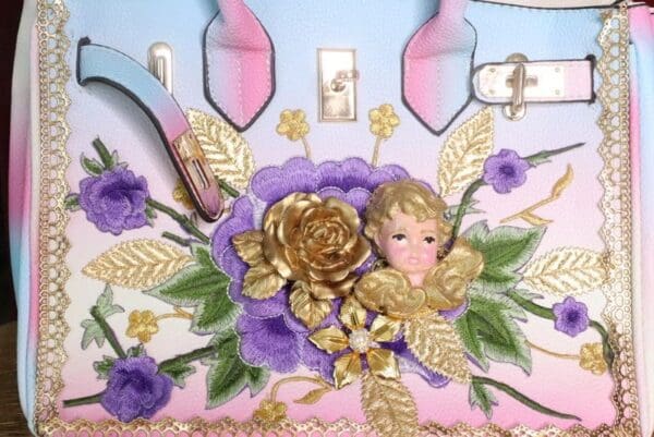 SOLD! 7473 Baroque Designer Kelly Rainbow Cherub Embroidery PU Handbag - Image 3