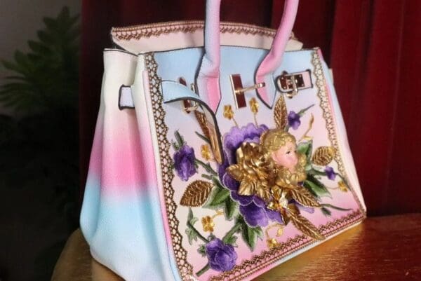 SOLD! 7473 Baroque Designer Kelly Rainbow Cherub Embroidery PU Handbag - Image 4