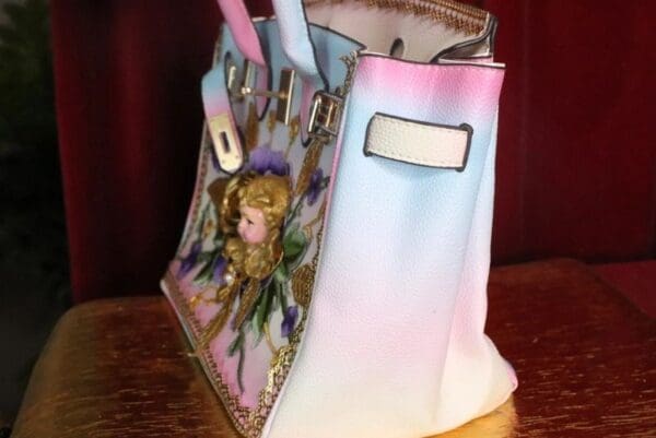 SOLD! 7473 Baroque Designer Kelly Rainbow Cherub Embroidery PU Handbag - Image 5