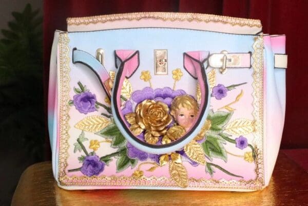 SOLD! 7473 Baroque Designer Kelly Rainbow Cherub Embroidery PU Handbag - Image 7