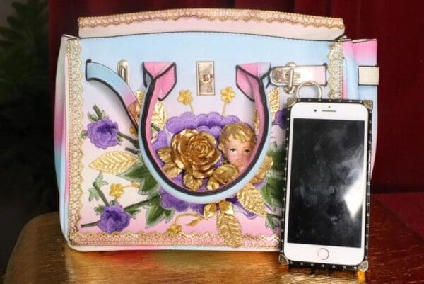 SOLD! 7473 Baroque Designer Kelly Rainbow Cherub Embroidery PU Handbag - Image 8