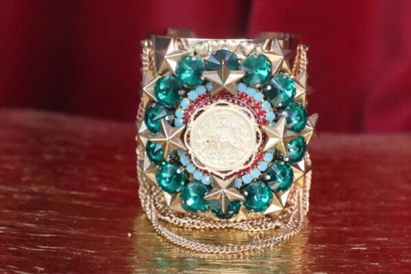 SOLD! 7476 Baroque Lion Green Rhinestones Chained Cuff Bangle