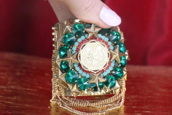 SOLD! 7476 Baroque Lion Green Rhinestones Chained Cuff Bangle - Image 3