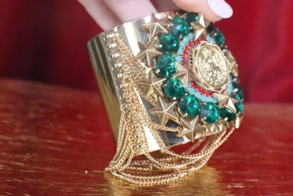 SOLD! 7476 Baroque Lion Green Rhinestones Chained Cuff Bangle - Image 4