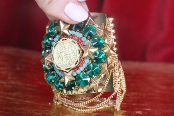 SOLD! 7476 Baroque Lion Green Rhinestones Chained Cuff Bangle - Image 5