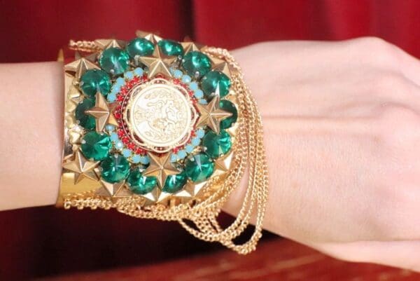 SOLD! 7476 Baroque Lion Green Rhinestones Chained Cuff Bangle - Image 6