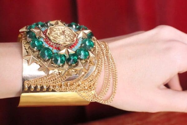 SOLD! 7476 Baroque Lion Green Rhinestones Chained Cuff Bangle - Image 7