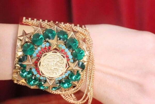 SOLD! 7476 Baroque Lion Green Rhinestones Chained Cuff Bangle - Image 8