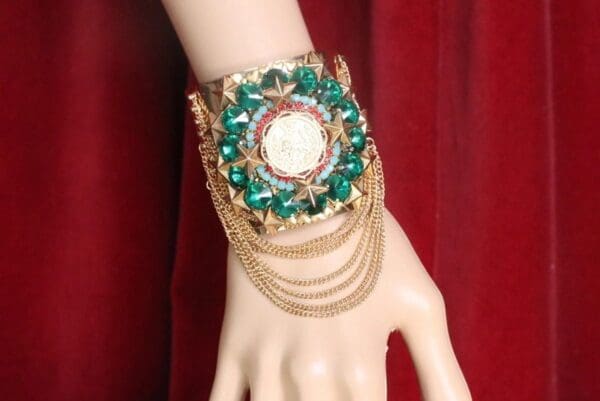 SOLD! 7476 Baroque Lion Green Rhinestones Chained Cuff Bangle - Image 9