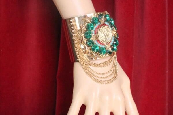 SOLD! 7476 Baroque Lion Green Rhinestones Chained Cuff Bangle - Image 2