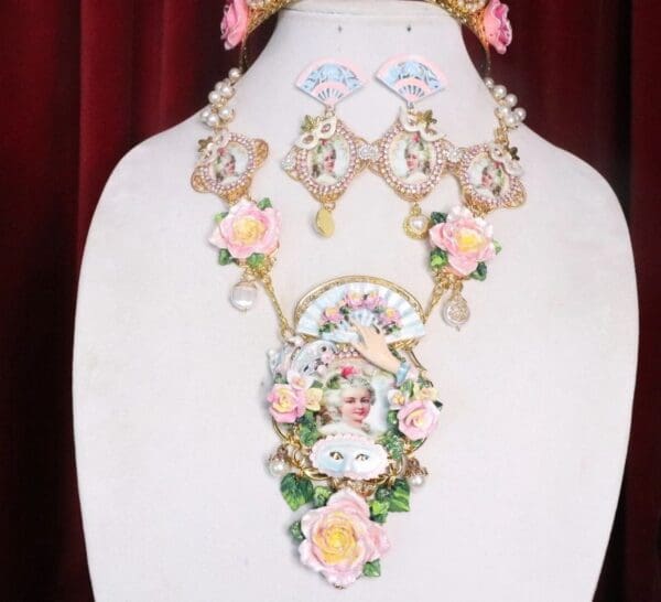SOLD! 7500 Set Of Marie Antoinette Hand Painted Roses Pink Butterfly Vintage Style Necklace+ Earrings - Image 4