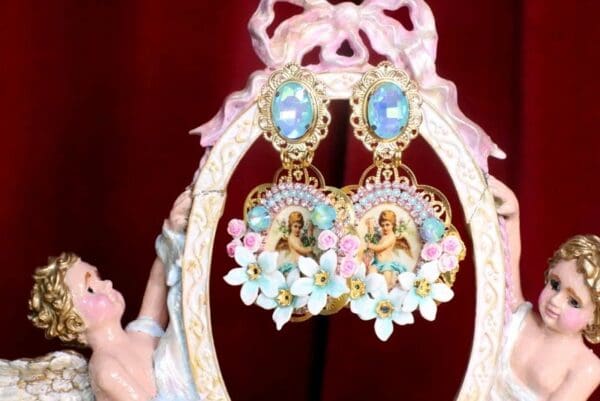 SOLD! 7514 Baroque Cherubs Aqua Rhinestones Cameo Studs Earrings - Image 2